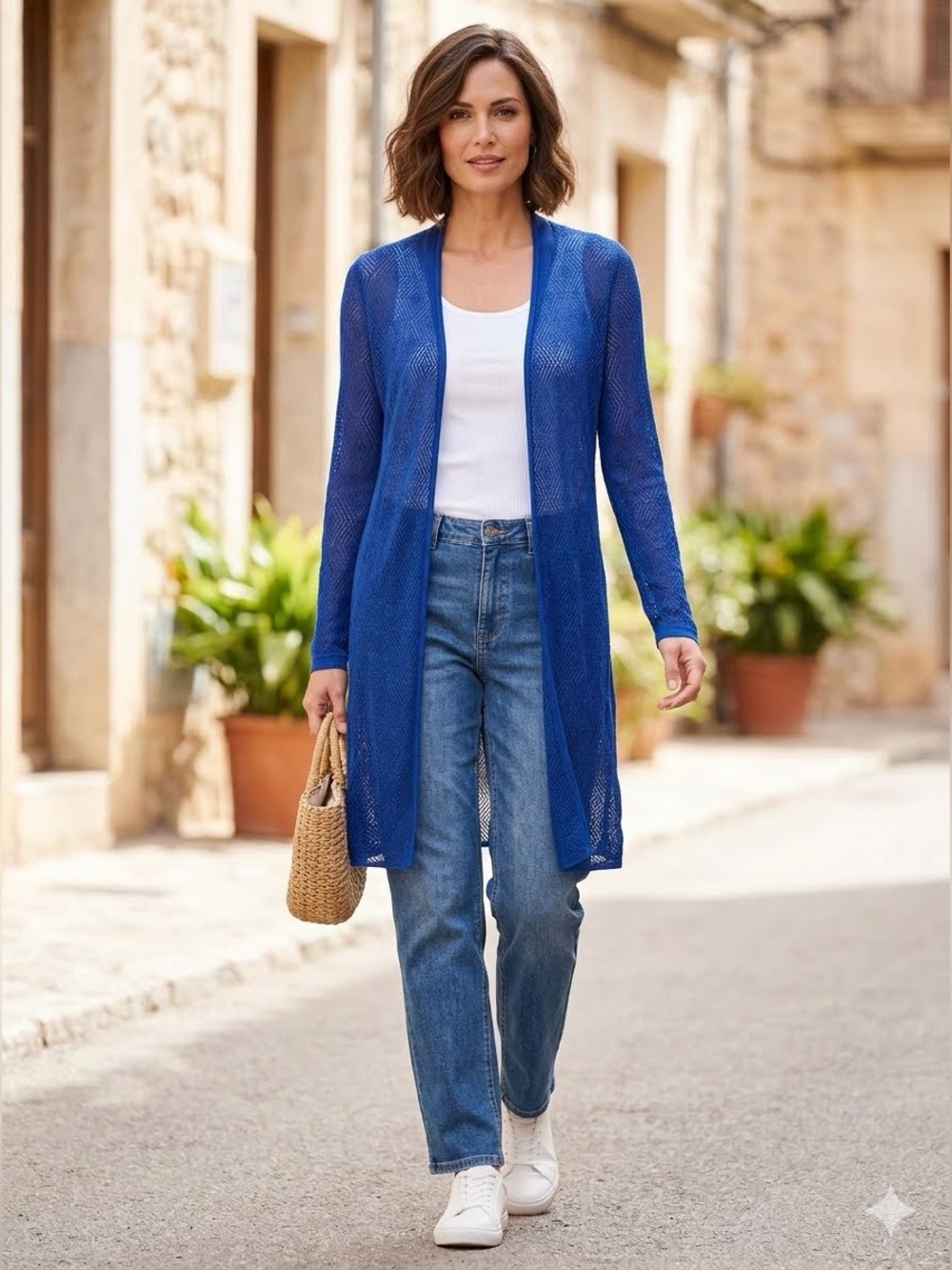 Magaschoni New York Silk Cashmere Cardigan Blue Pointelle Knit S